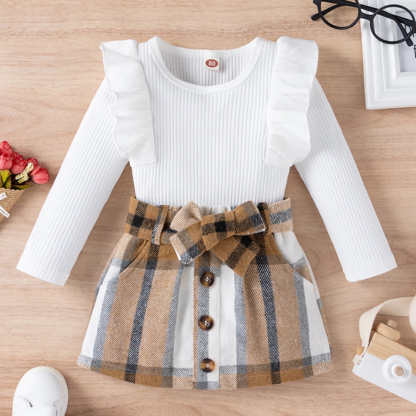 1-4Y Fashion Children Kids Girl 2Pcs Autumn Outfit Solid Color Long Sleeve Tops+Plaid Skirts Set Outfit Kid Girls Clothes
