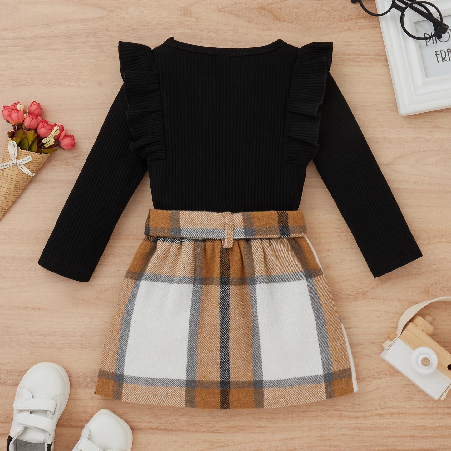 1-4Y Fashion Children Kids Girl 2Pcs Autumn Outfit Solid Color Long Sleeve Tops+Plaid Skirts Set Outfit Kid Girls Clothes