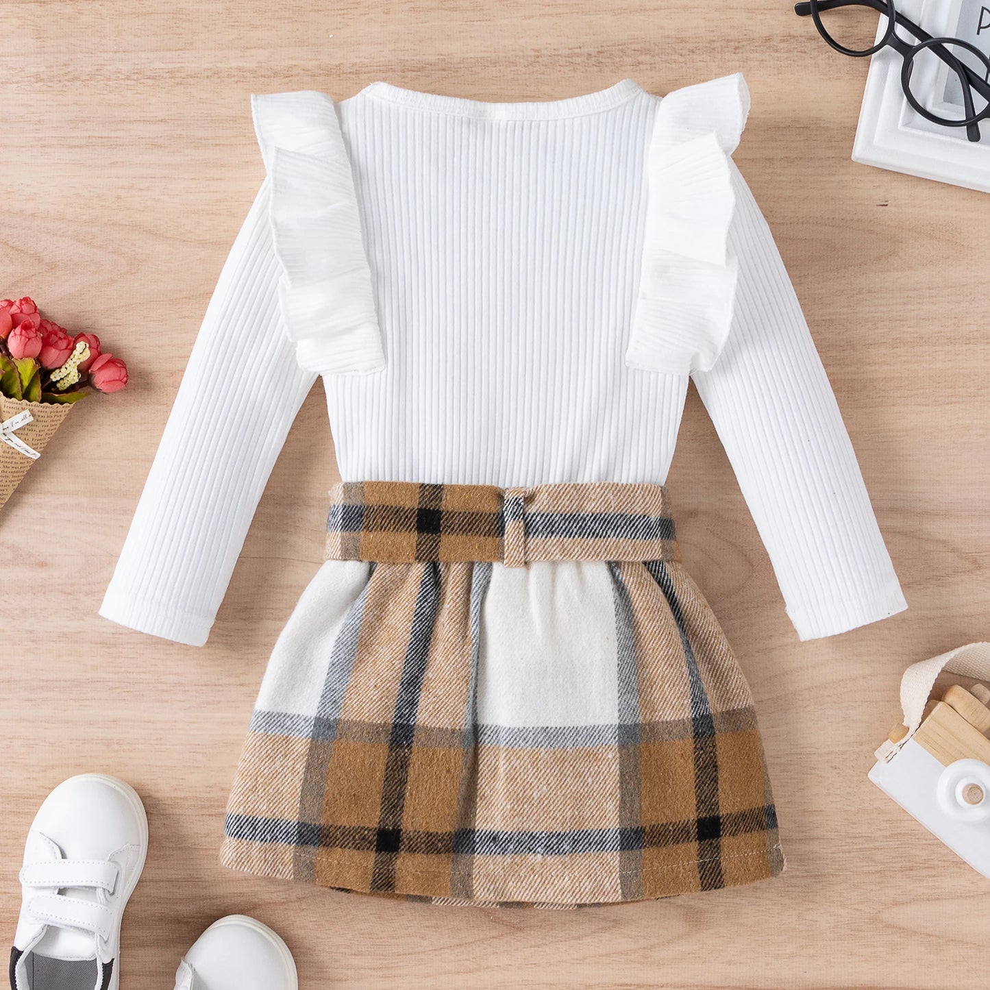1-4Y Fashion Children Kids Girl 2Pcs Autumn Outfit Solid Color Long Sleeve Tops+Plaid Skirts Set Outfit Kid Girls Clothes