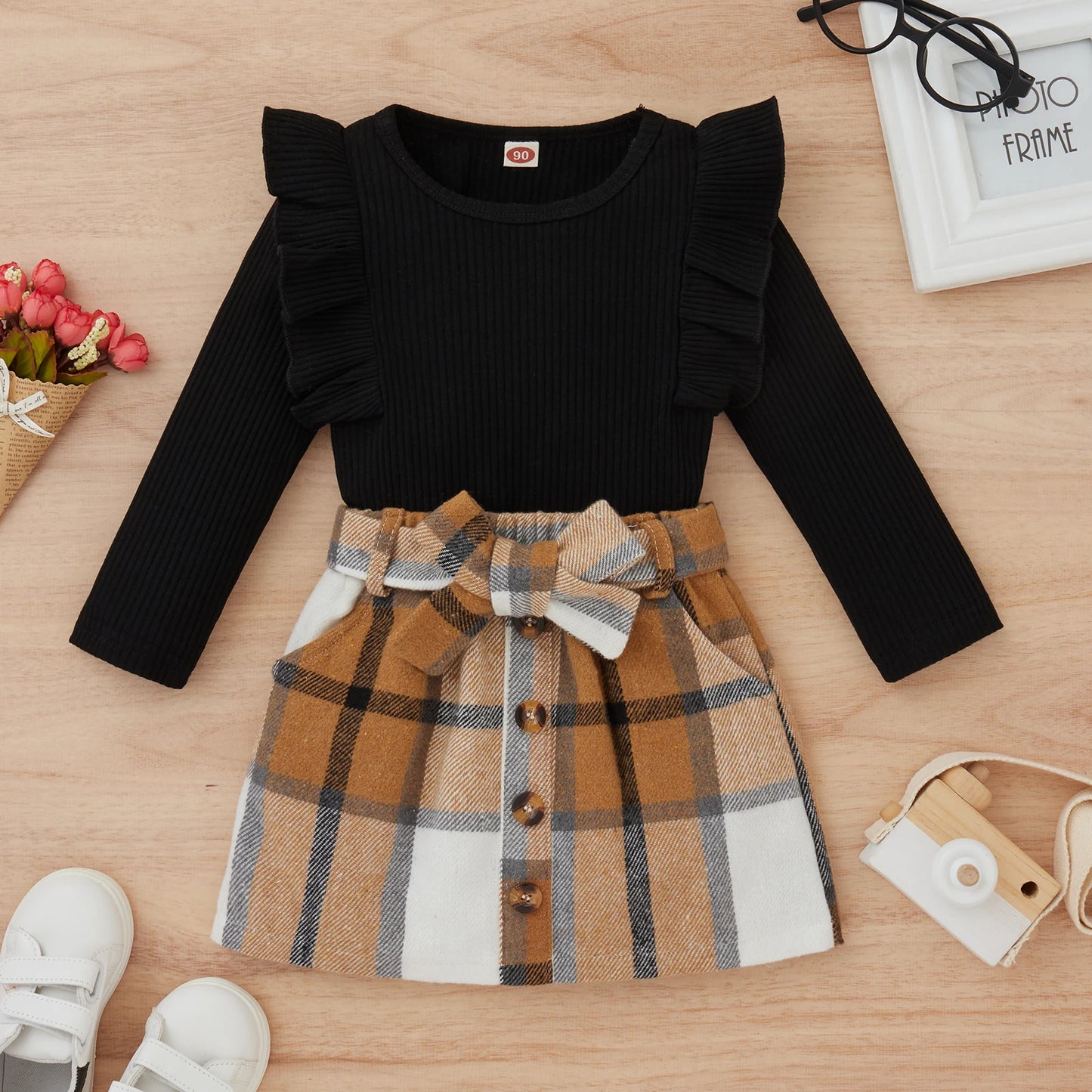 1-4Y Fashion Children Kids Girl 2Pcs Autumn Outfit Solid Color Long Sleeve Tops+Plaid Skirts Set Outfit Kid Girls Clothes