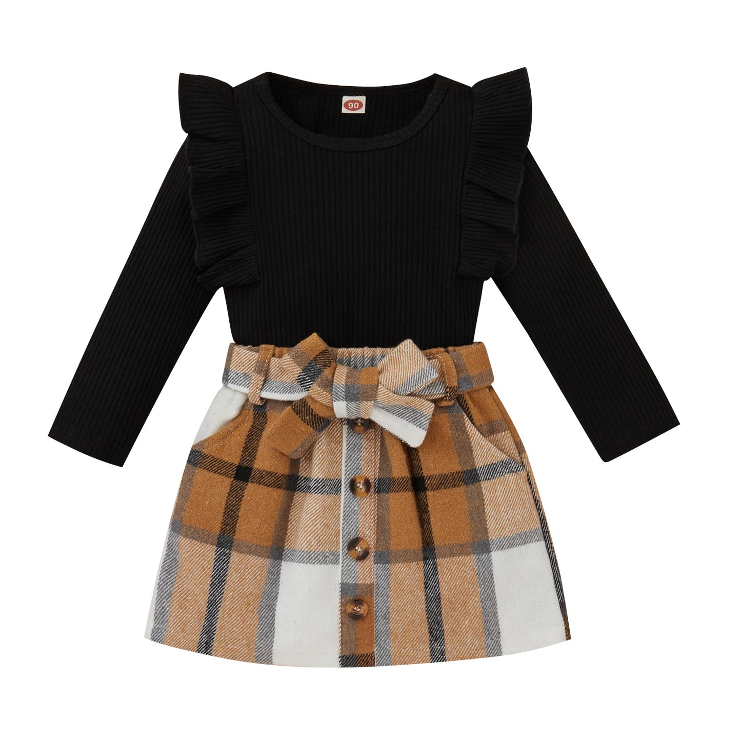 1-4Y Fashion Children Kids Girl 2Pcs Autumn Outfit Solid Color Long Sleeve Tops+Plaid Skirts Set Outfit Kid Girls Clothes