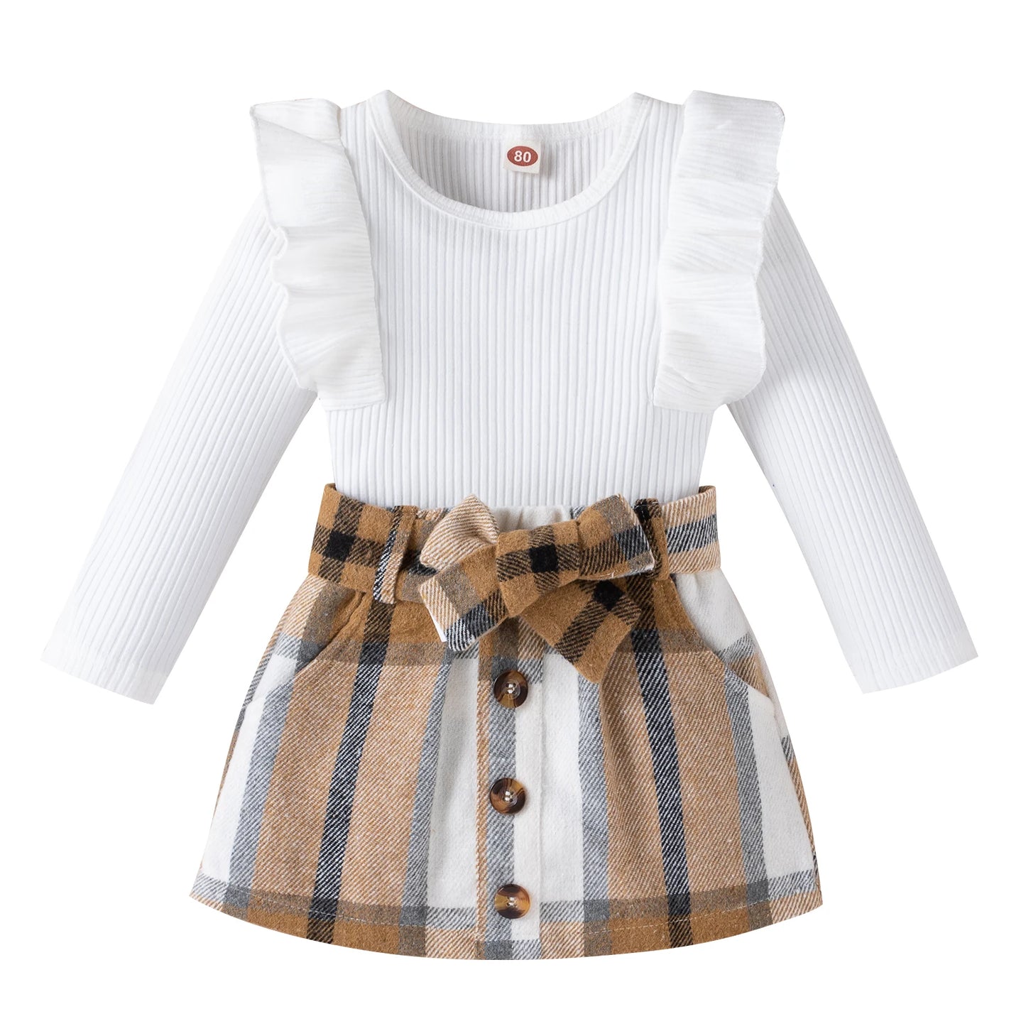 1-4Y Fashion Children Kids Girl 2Pcs Autumn Outfit Solid Color Long Sleeve Tops+Plaid Skirts Set Outfit Kid Girls Clothes
