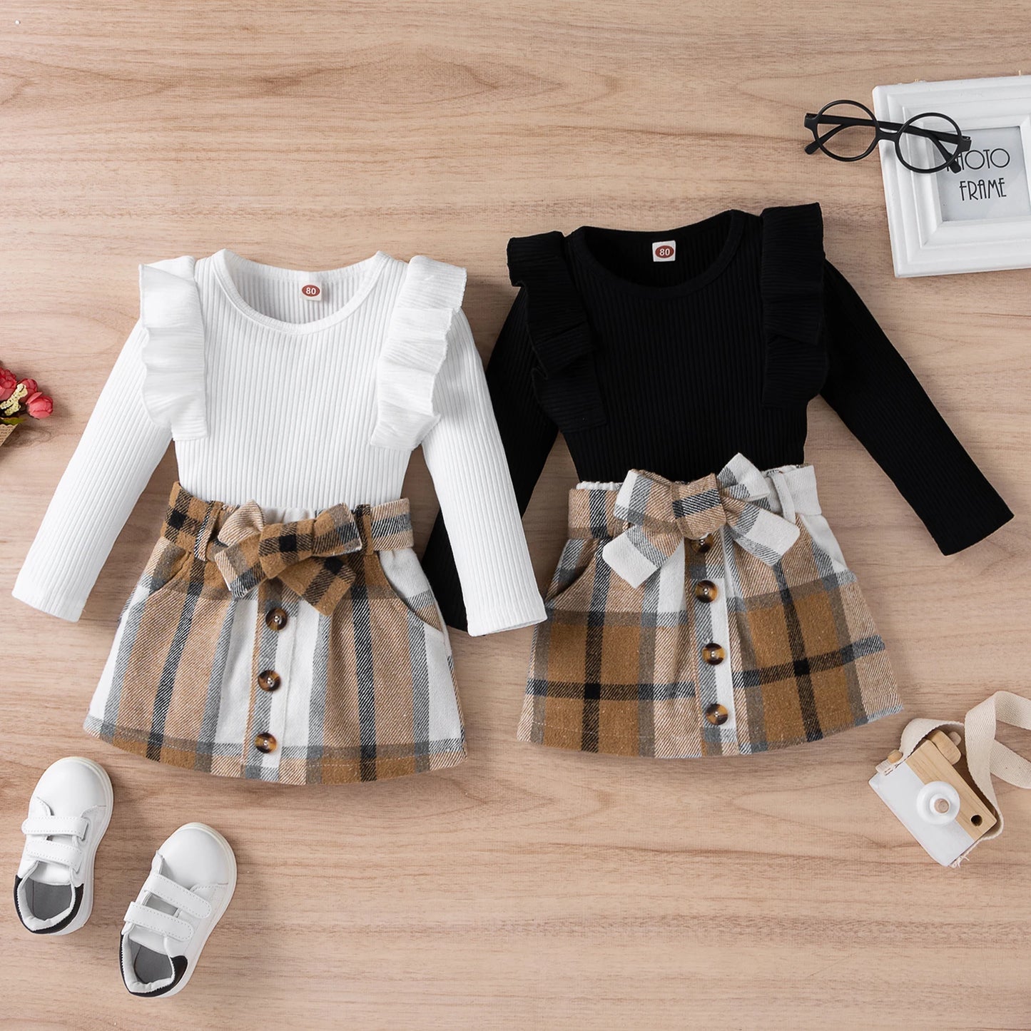 1-4Y Fashion Children Kids Girl 2Pcs Autumn Outfit Solid Color Long Sleeve Tops+Plaid Skirts Set Outfit Kid Girls Clothes