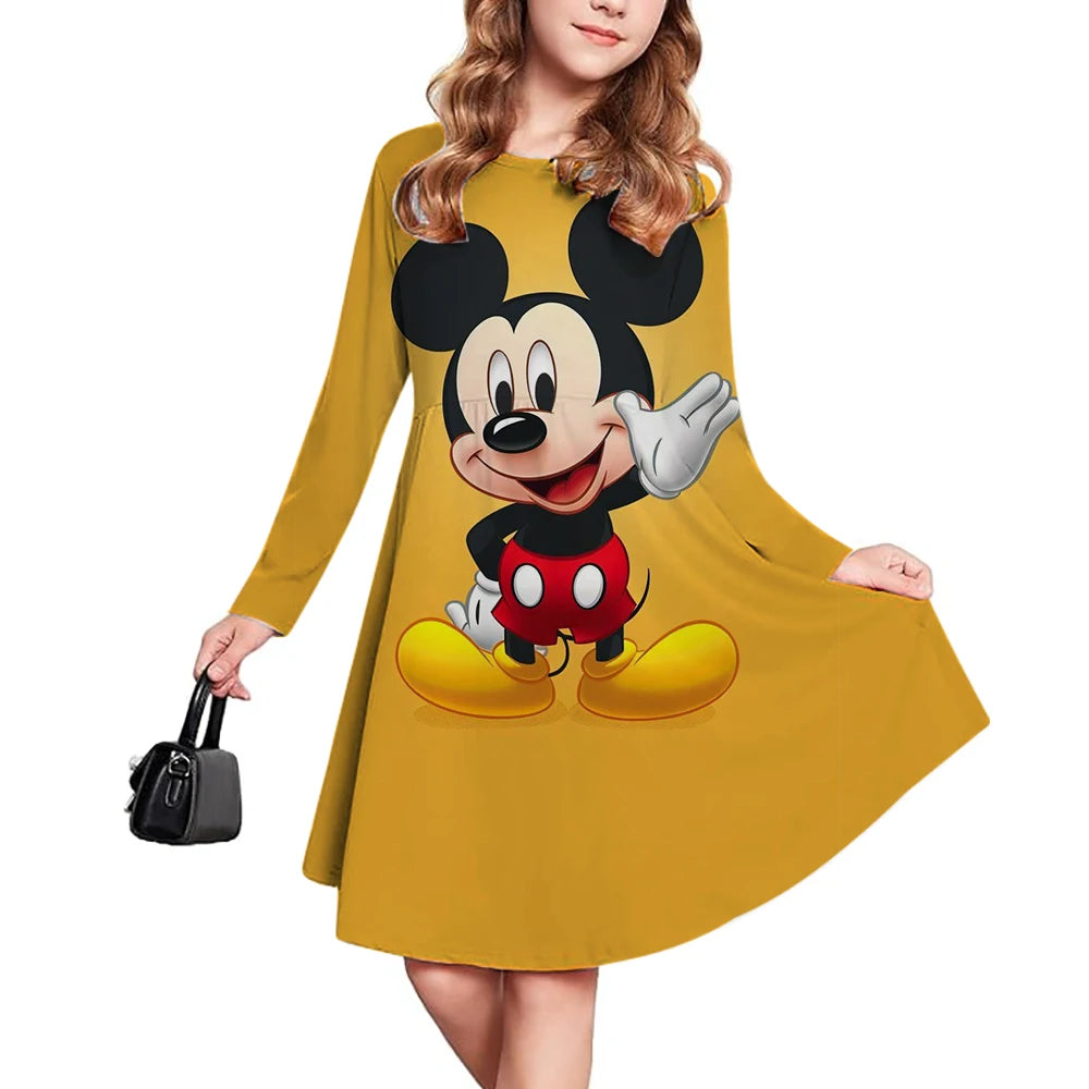 Spring and Autumn New Children's Clothing 3D Printed Romantic Disney Mickey Mouse Girls' Short sleeved Dress 3-14 Year Old Child