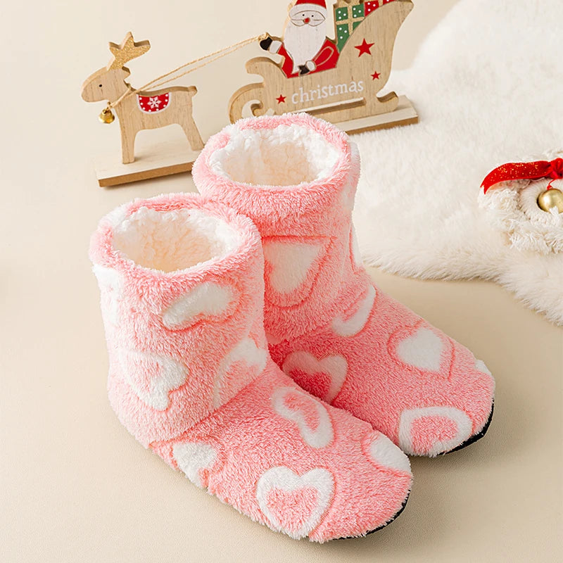 1 Pairs Women Slippers Winter Home Warm Padded Thickened Colorful Love Mid-calf Non Slip Women Floor Shoes