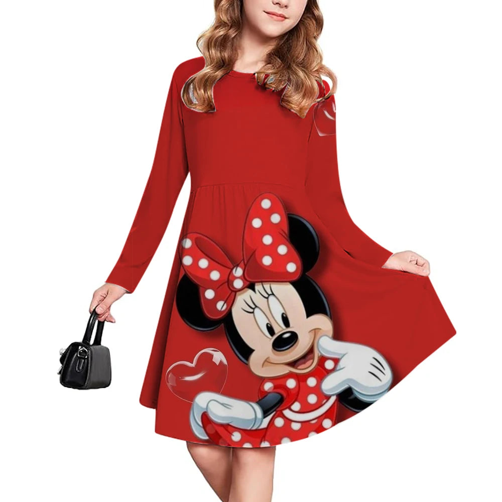 Spring and Autumn New Children's Clothing 3D Printed Romantic Disney Mickey Mouse Girls' Short sleeved Dress 3-14 Year Old Child