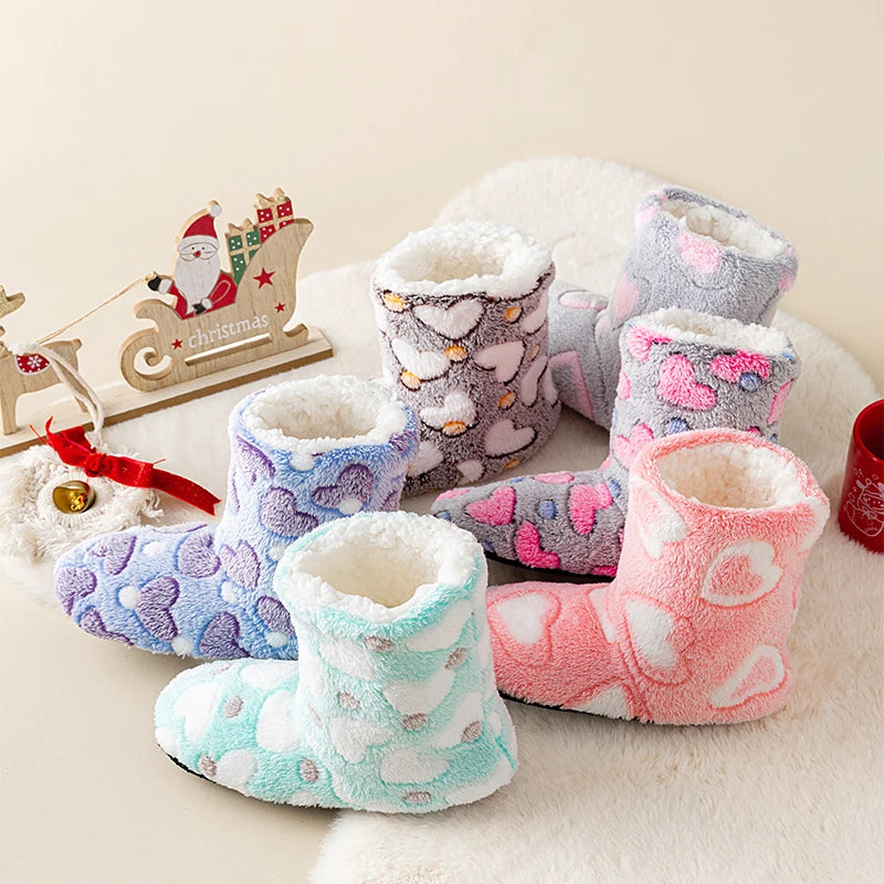 1 Pairs Women Slippers Winter Home Warm Padded Thickened Colorful Love Mid-calf Non Slip Women Floor Shoes