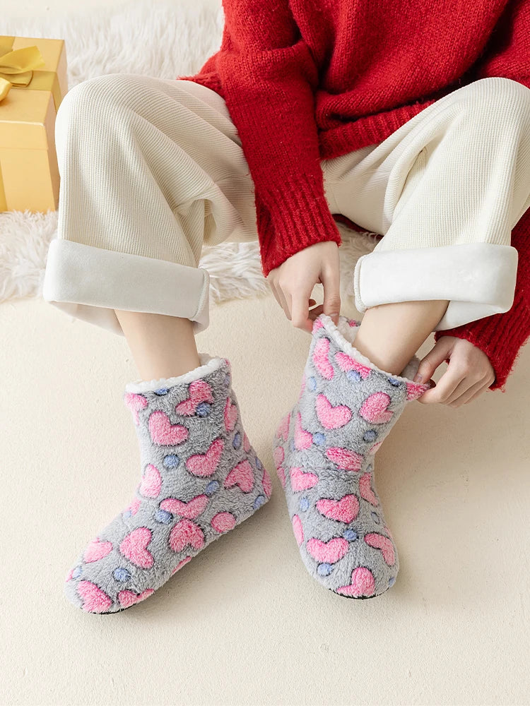 1 Pairs Women Slippers Winter Home Warm Padded Thickened Colorful Love Mid-calf Non Slip Women Floor Shoes