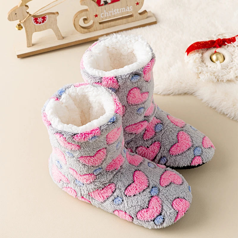 1 Pairs Women Slippers Winter Home Warm Padded Thickened Colorful Love Mid-calf Non Slip Women Floor Shoes