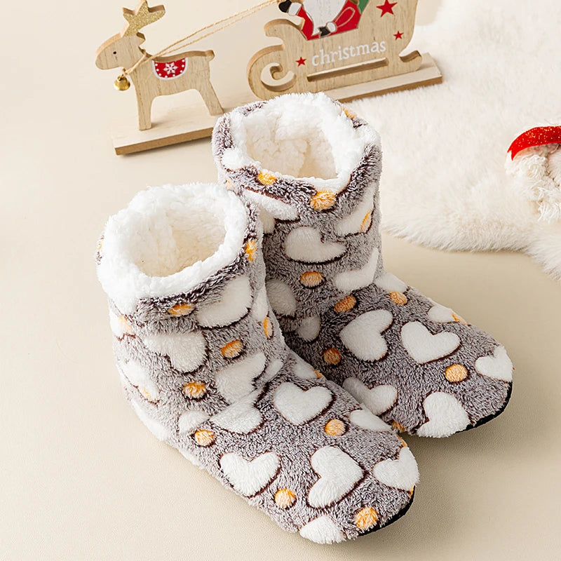 1 Pairs Women Slippers Winter Home Warm Padded Thickened Colorful Love Mid-calf Non Slip Women Floor Shoes