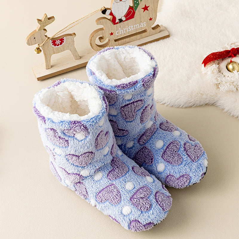 1 Pairs Women Slippers Winter Home Warm Padded Thickened Colorful Love Mid-calf Non Slip Women Floor Shoes