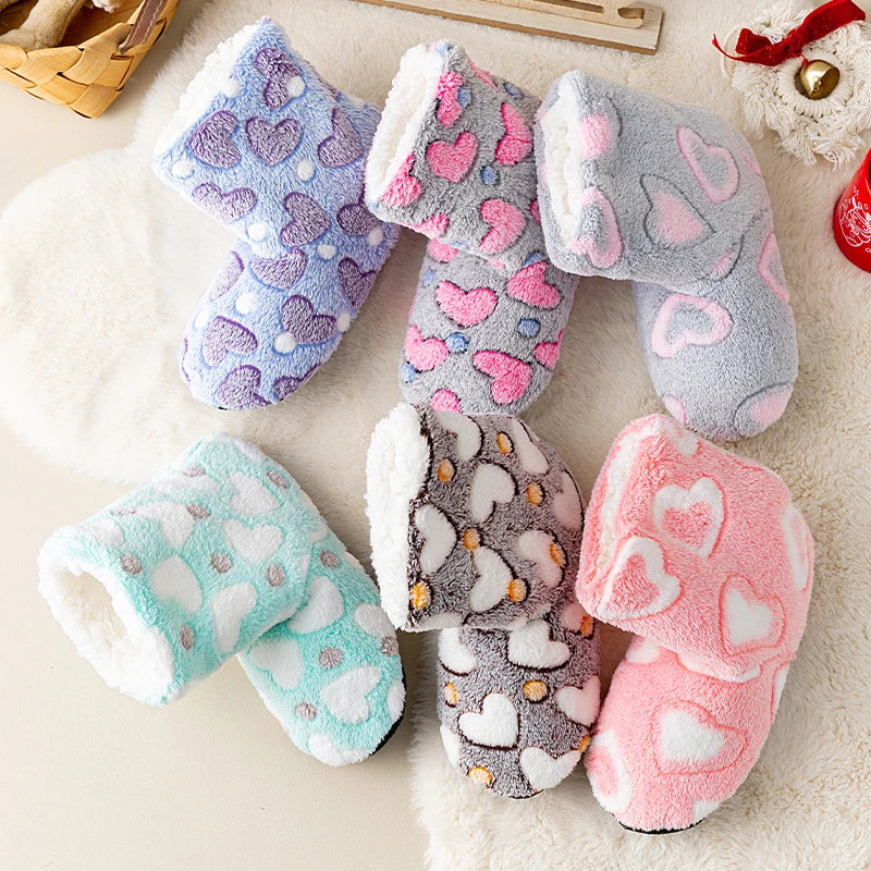1 Pairs Women Slippers Winter Home Warm Padded Thickened Colorful Love Mid-calf Non Slip Women Floor Shoes