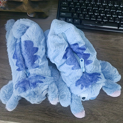 Cute Stitch Plush Pen Bag - Large Capacity Kawaii Anime Stationery Organizer, Makeup Pouch, Desk Storage Holder, Soft Blue Stitch Design with Bow Tie, Perfect Gift for Office or Home, Pen Holder Storage | Playful Design | Sof