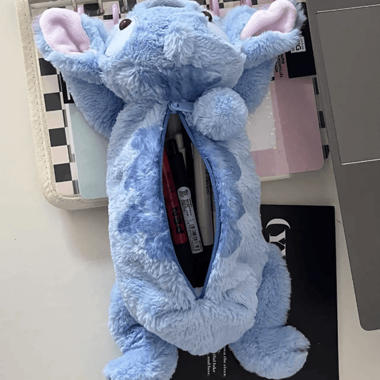 Cute Stitch Plush Pen Bag - Large Capacity Kawaii Anime Stationery Organizer, Makeup Pouch, Desk Storage Holder, Soft Blue Stitch Design with Bow Tie, Perfect Gift for Office or Home, Pen Holder Storage | Playful Design | Sof