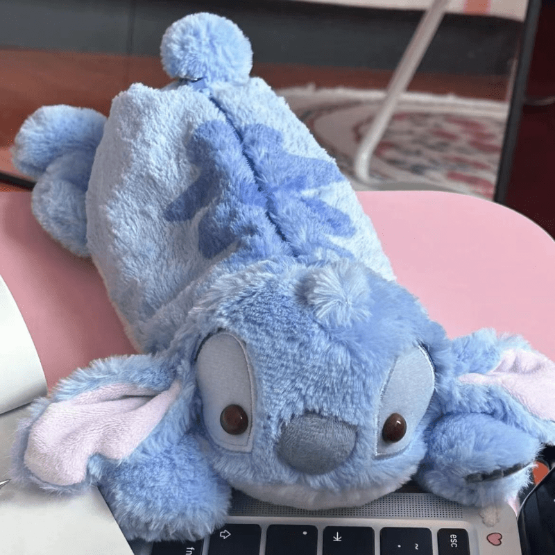 Cute Stitch Plush Pen Bag - Large Capacity Kawaii Anime Stationery Organizer, Makeup Pouch, Desk Storage Holder, Soft Blue Stitch Design with Bow Tie, Perfect Gift for Office or Home, Pen Holder Storage | Playful Design | Sof