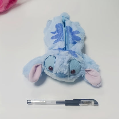 Cute Stitch Plush Pen Bag - Large Capacity Kawaii Anime Stationery Organizer, Makeup Pouch, Desk Storage Holder, Soft Blue Stitch Design with Bow Tie, Perfect Gift for Office or Home, Pen Holder Storage | Playful Design | Sof