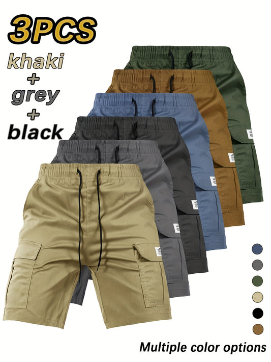 3-Pack Men's Solid Color Work Shorts, Lightweight Flap Pocket Fashionable Shorts, Outdoor Men's Work Pants