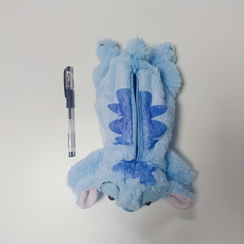 Cute Stitch Plush Pen Bag - Large Capacity Kawaii Anime Stationery Organizer, Makeup Pouch, Desk Storage Holder, Soft Blue Stitch Design with Bow Tie, Perfect Gift for Office or Home, Pen Holder Storage | Playful Design | Sof