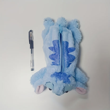 Cute Stitch Plush Pen Bag - Large Capacity Kawaii Anime Stationery Organizer, Makeup Pouch, Desk Storage Holder, Soft Blue Stitch Design with Bow Tie, Perfect Gift for Office or Home, Pen Holder Storage | Playful Design | Sof