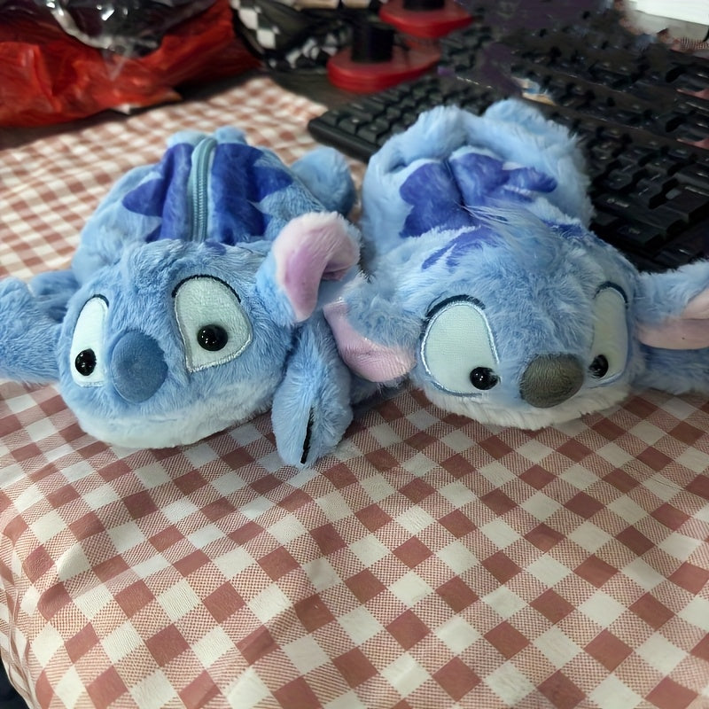 Cute Stitch Plush Pen Bag - Large Capacity Kawaii Anime Stationery Organizer, Makeup Pouch, Desk Storage Holder, Soft Blue Stitch Design with Bow Tie, Perfect Gift for Office or Home, Pen Holder Storage | Playful Design | Sof