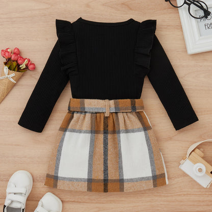 1-4Y Fashion Children Kids Girl 2Pcs Autumn Outfit Solid Color Long Sleeve Tops+Plaid Skirts Set Outfit Kid Girls Clothes