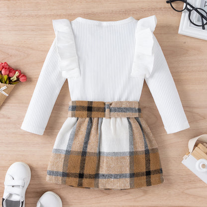 1-4Y Fashion Children Kids Girl 2Pcs Autumn Outfit Solid Color Long Sleeve Tops+Plaid Skirts Set Outfit Kid Girls Clothes