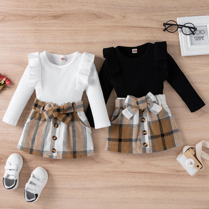 1-4Y Fashion Children Kids Girl 2Pcs Autumn Outfit Solid Color Long Sleeve Tops+Plaid Skirts Set Outfit Kid Girls Clothes