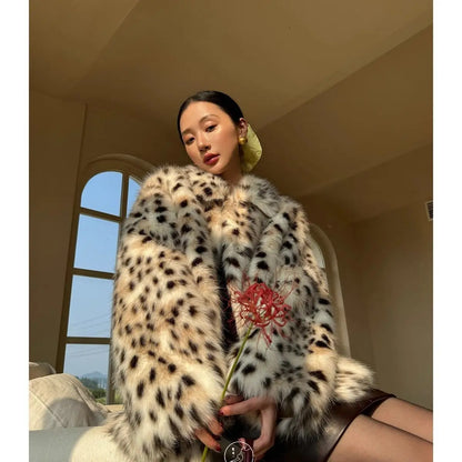 Luxury Vegan Fur Coat Women Winter Leopard Print Gradient Faux Fur Jacket Retro Shearling Collar Slim Fit Animal Print Trench