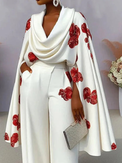 Elegant Women Floral Print Pants Set Y2K Office Lady Cloack Sleeve Shawl Ruched Top Wide Leg Trouser Two Piece Set Loose Outfits