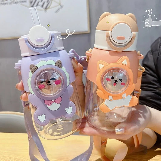 660ml Portable Cartoon Animal Water Bottle Leak-proof Straw Cup Safety Lock for Kids Outdoor Camping Travel Drinking Jug