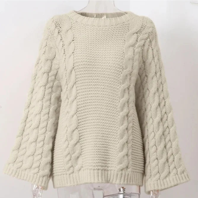 Women's Thick Line Big Twist Knitted Loose Sweater Pullover Fashion Casual Crochet Round Neck Sweaters Solid Color New Knitwear