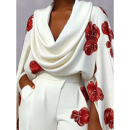 Elegant Women Floral Print Pants Set Y2K Office Lady Cloack Sleeve Shawl Ruched Top Wide Leg Trouser Two Piece Set Loose Outfits