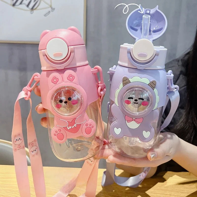 660ml Portable Cartoon Animal Water Bottle Leak-proof Straw Cup Safety Lock for Kids Outdoor Camping Travel Drinking Jug