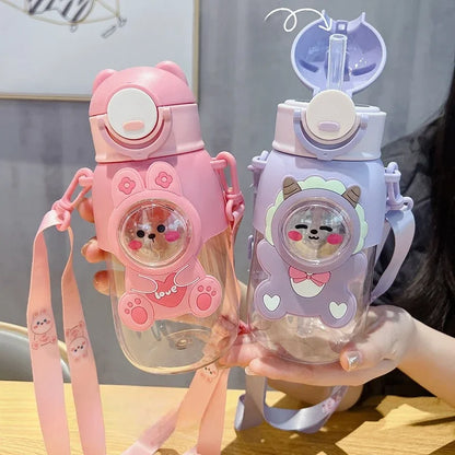 660ml Portable Cartoon Animal Water Bottle Leak-proof Straw Cup Safety Lock for Kids Outdoor Camping Travel Drinking Jug