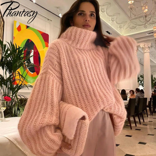 Phantasy Retro High Pullover Sweater Solid Color Knitted Sweater Women's Loose Long Sleeve Pullover Top Vintage Clothing 2025
