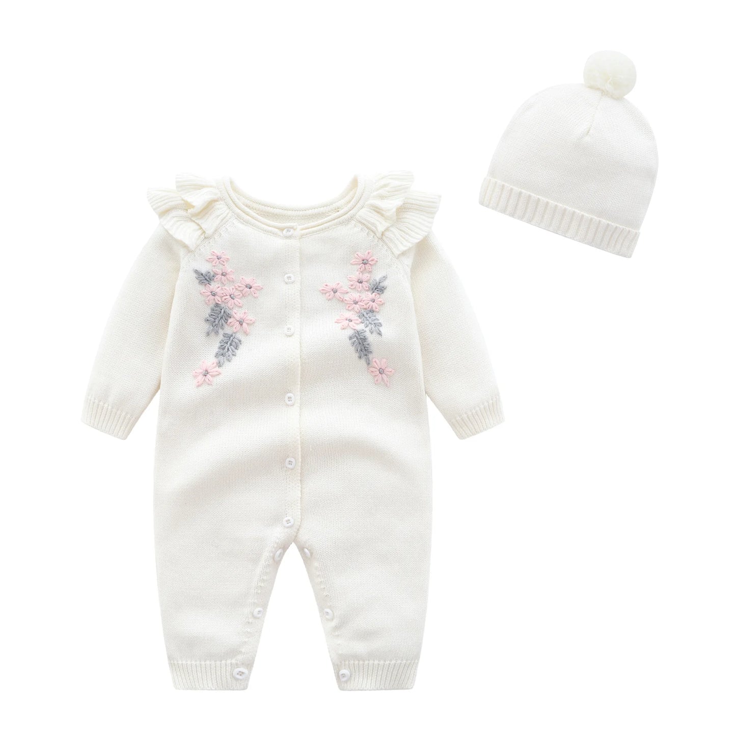 Spring New Toddler Baby Girl Knitting Romper+Hat Floral Embroidery Romper Long Sleeve Autumn Infant Baby Girls Knitting Jumpsuit