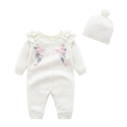 Spring New Toddler Baby Girl Knitting Romper+Hat Floral Embroidery Romper Long Sleeve Autumn Infant Baby Girls Knitting Jumpsuit