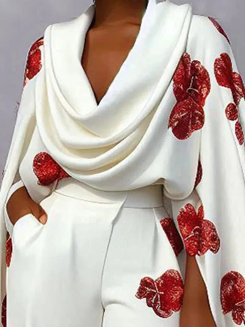 Elegant Women Floral Print Pants Set Y2K Office Lady Cloack Sleeve Shawl Ruched Top Wide Leg Trouser Two Piece Set Loose Outfits