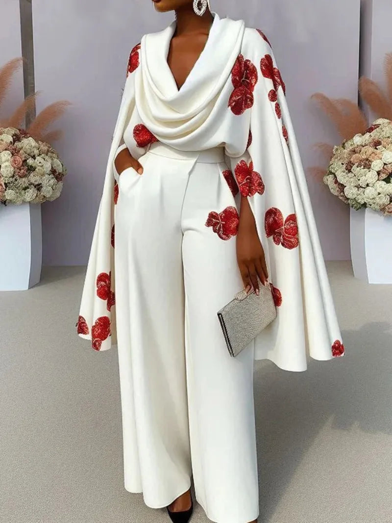 Elegant Women Floral Print Pants Set Y2K Office Lady Cloack Sleeve Shawl Ruched Top Wide Leg Trouser Two Piece Set Loose Outfits