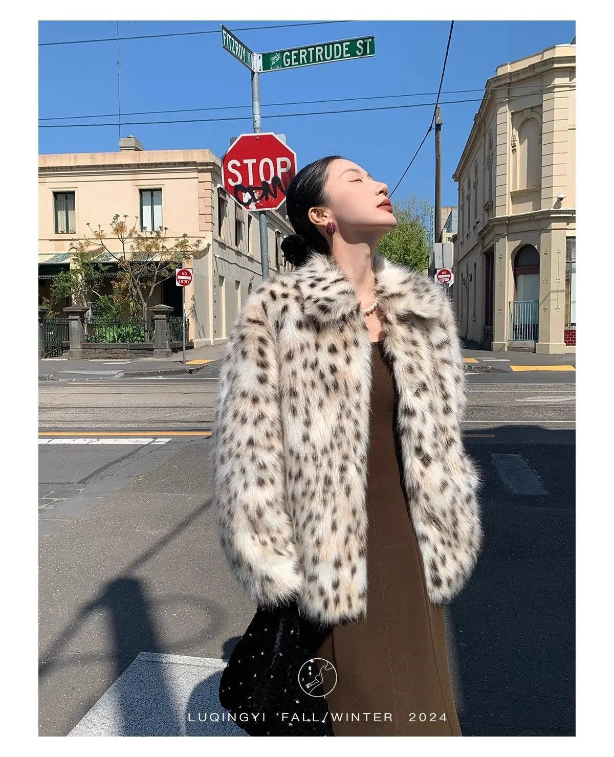 Luxury Vegan Fur Coat Women Winter Leopard Print Gradient Faux Fur Jacket Retro Shearling Collar Slim Fit Animal Print Trench