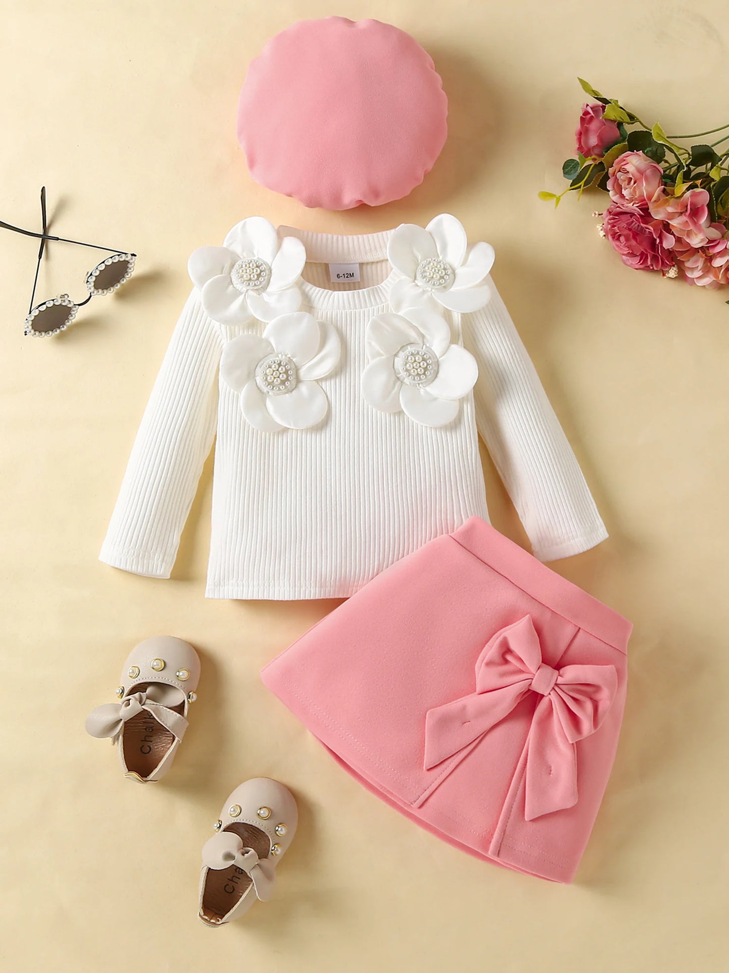 Infant Kids Baby Girls Autumn Skirt Outfits Long Sleeve 3D Flower Decor Ribbed Tops A-line Skirt Beret Set 6M-4T