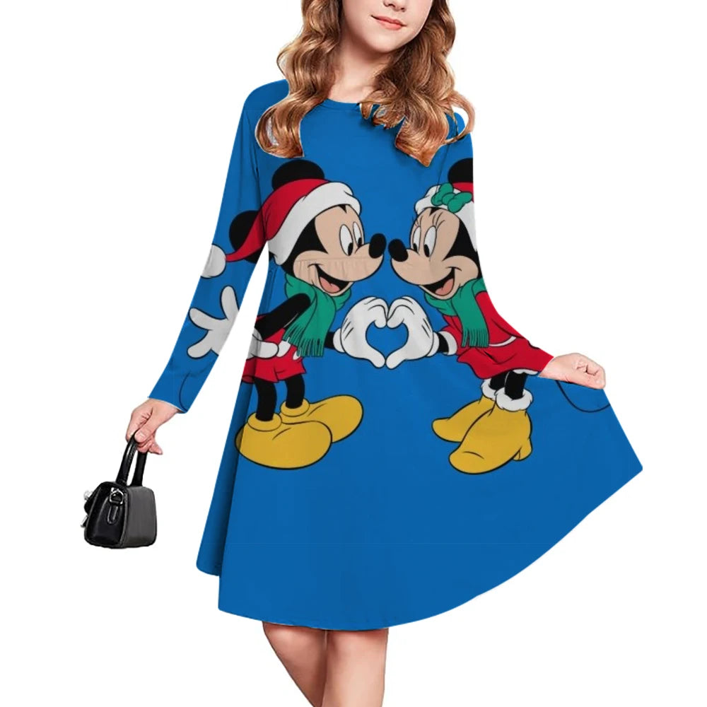 Christmas casual children's clothing autumn fashion Disney Mickey Mouse cartoon printed dress long sleeved pleated skirt girls'