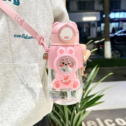 660ml Portable Cartoon Animal Water Bottle Leak-proof Straw Cup Safety Lock for Kids Outdoor Camping Travel Drinking Jug