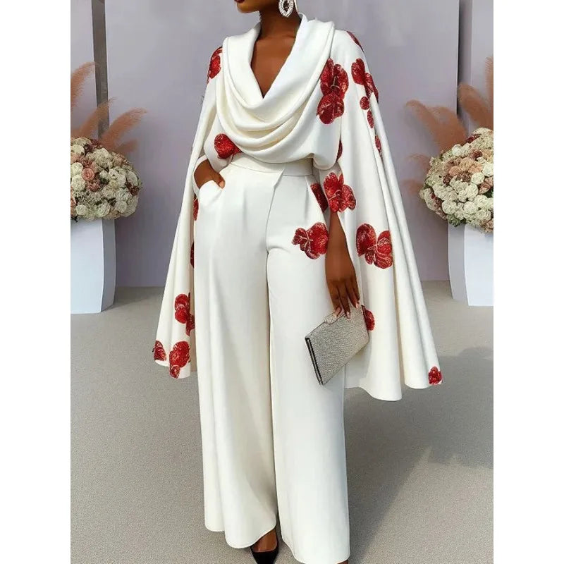 Elegant Women Floral Print Pants Set Y2K Office Lady Cloack Sleeve Shawl Ruched Top Wide Leg Trouser Two Piece Set Loose Outfits