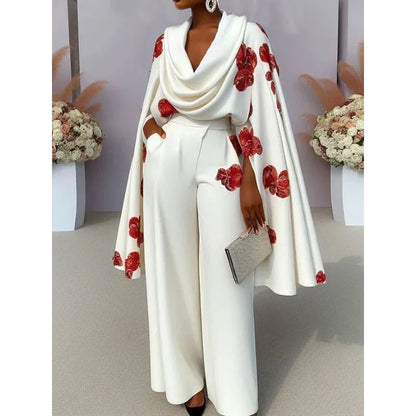 Elegant Women Floral Print Pants Set Y2K Office Lady Cloack Sleeve Shawl Ruched Top Wide Leg Trouser Two Piece Set Loose Outfits