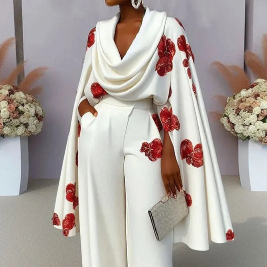 Elegant Women Floral Print Pants Set Y2K Office Lady Cloack Sleeve Shawl Ruched Top Wide Leg Trouser Two Piece Set Loose Outfits