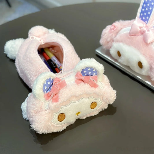 Sanrio Kawaii Anime Pink Pencil Case My Melody Sweet Piano Girly Plush Bag Large Capacity Stationery Storage Bag Gifts Girl
