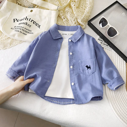 Cotton Button Up Shirt 1-7Y Kids Boy Long Sleeve Blouse Clothes Pure Color Casual Top Versatile Spring Autumn Baby Girls Wear