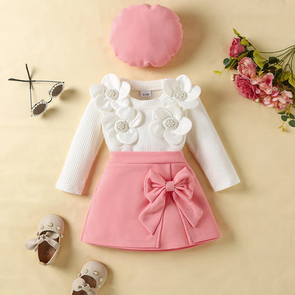 Infant Kids Baby Girls Autumn Skirt Outfits Long Sleeve 3D Flower Decor Ribbed Tops A-line Skirt Beret Set 6M-4T