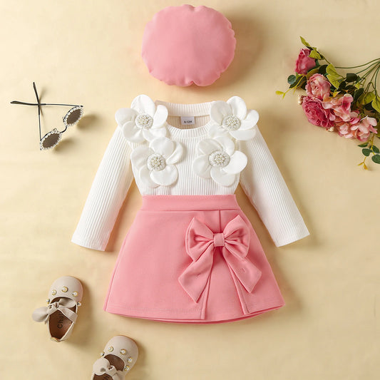 Infant Kids Baby Girls Autumn Skirt Outfits Long Sleeve 3D Flower Decor Ribbed Tops A-line Skirt Beret Set 6M-4T